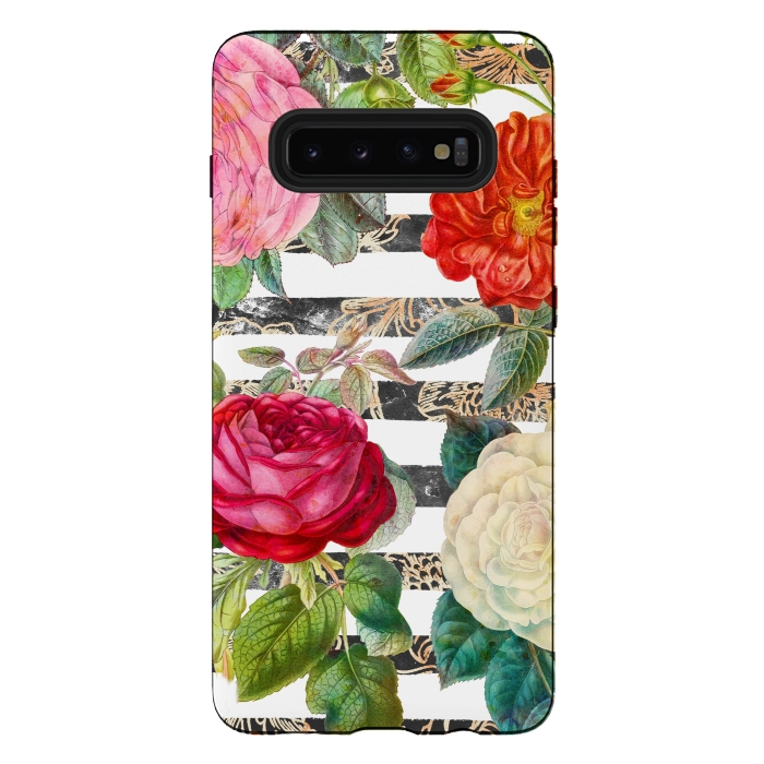 Galaxy S10 plus StrongFit Vibrant romantic botanical flowers and white stripes by Oana 