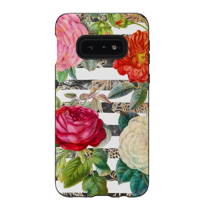 Galaxy S10e StrongFit Vibrant romantic botanical flowers and white stripes by Oana 