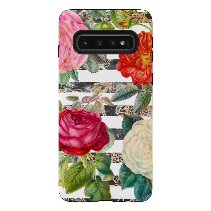 Galaxy S10 StrongFit Vibrant romantic botanical flowers and white stripes by Oana 