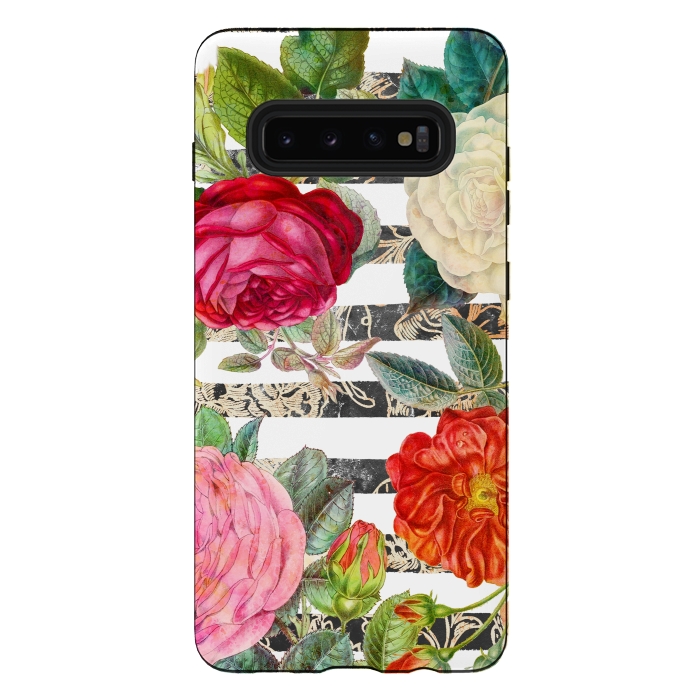 Galaxy S10 plus StrongFit Colorful roses botanical illustration on white stripes by Oana 