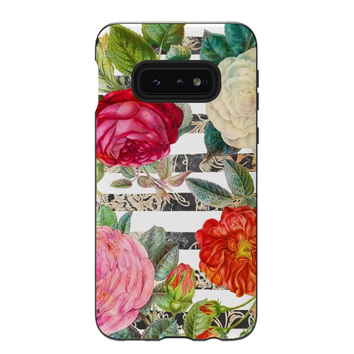 Galaxy S10e StrongFit Colorful roses botanical illustration on white stripes by Oana 