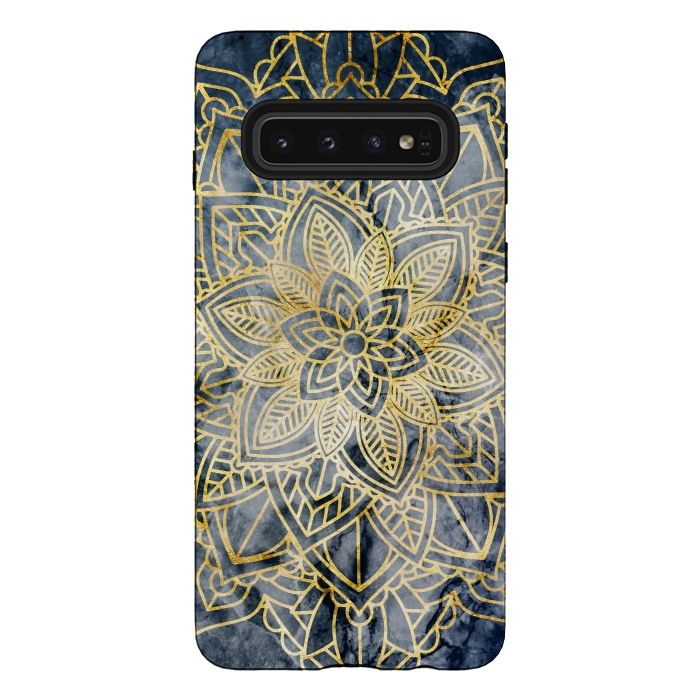 Galaxy S10 StrongFit Golden mandala petals on navy marble by Oana 