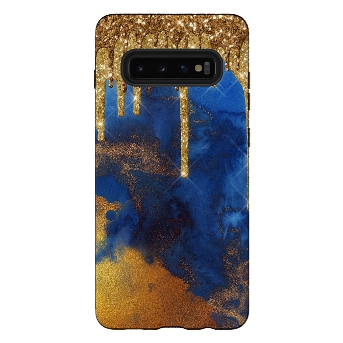 Galaxy S10 plus StrongFit Raining Gold Glitter and Foil on Indigo Marble Ink by  Utart