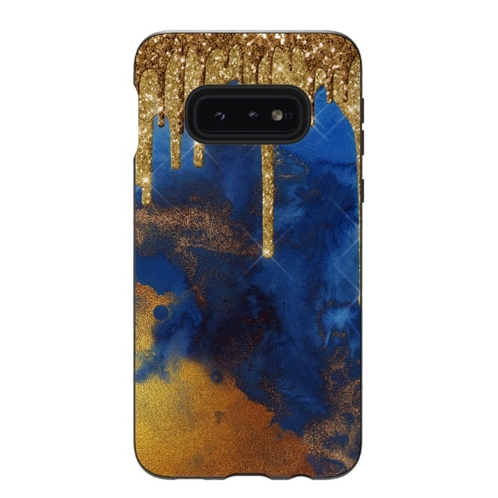 Galaxy S10e StrongFit Raining Gold Glitter and Foil on Indigo Marble Ink by  Utart