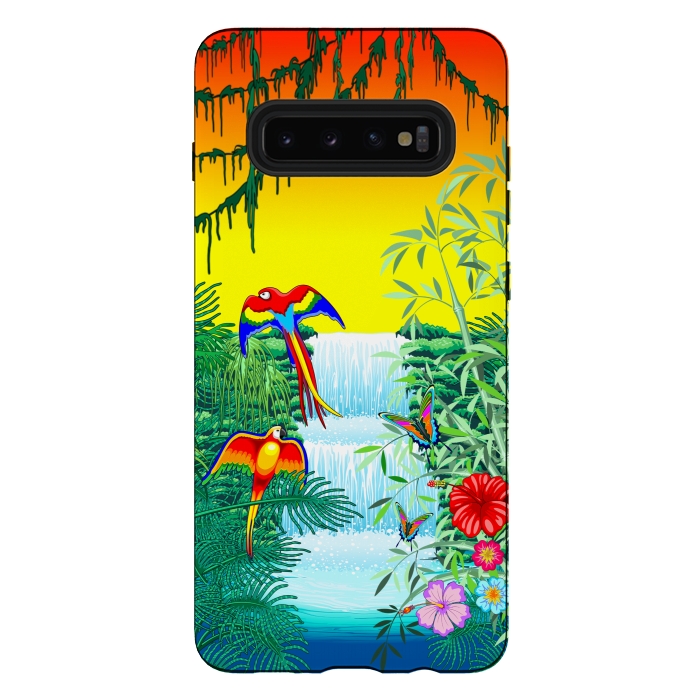 Galaxy S10 plus StrongFit Waterfall Macaws and Butterflies on Exotic Landscape by BluedarkArt