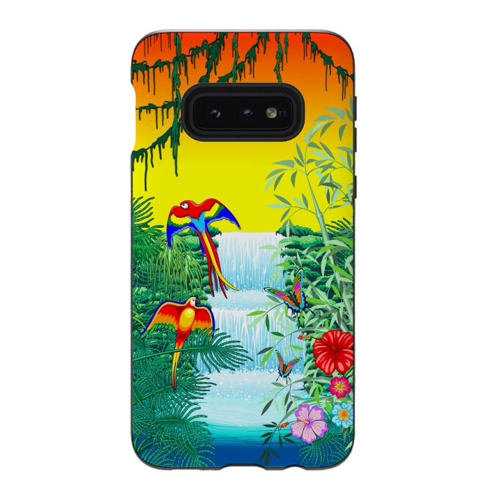 Galaxy S10e StrongFit Waterfall Macaws and Butterflies on Exotic Landscape by BluedarkArt