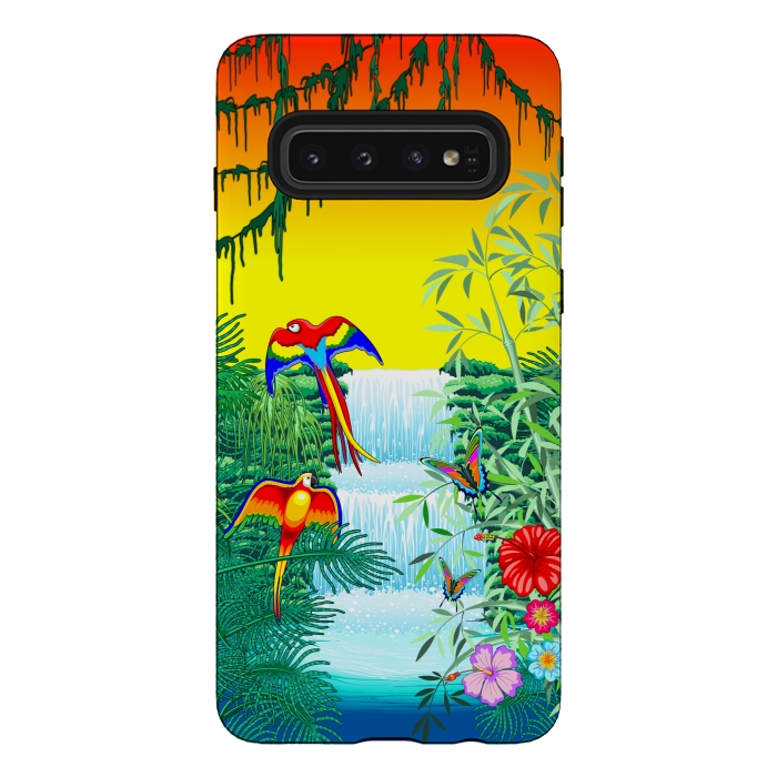 Galaxy S10 StrongFit Waterfall Macaws and Butterflies on Exotic Landscape by BluedarkArt