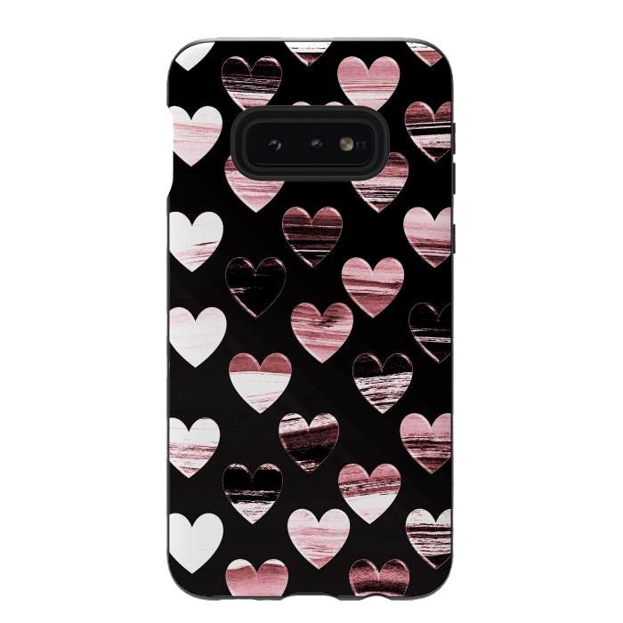 Galaxy S10e StrongFit Pink white brushed chocolate hearts on black backgroung by Oana 