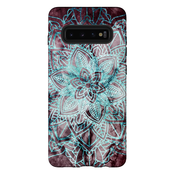 Galaxy S10 plus StrongFit Blue metallic floral mandala on dark cherry red marble by Oana 