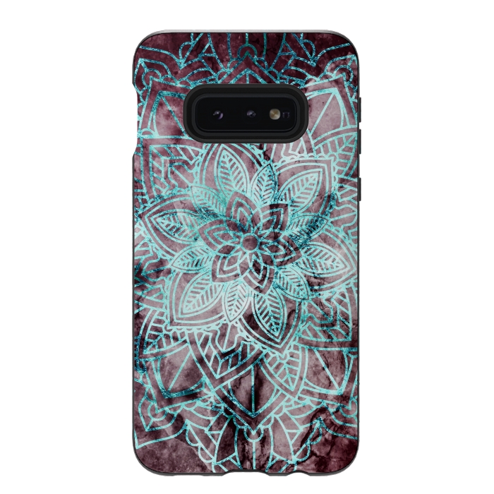 Galaxy S10e StrongFit Blue metallic floral mandala on dark cherry red marble by Oana 