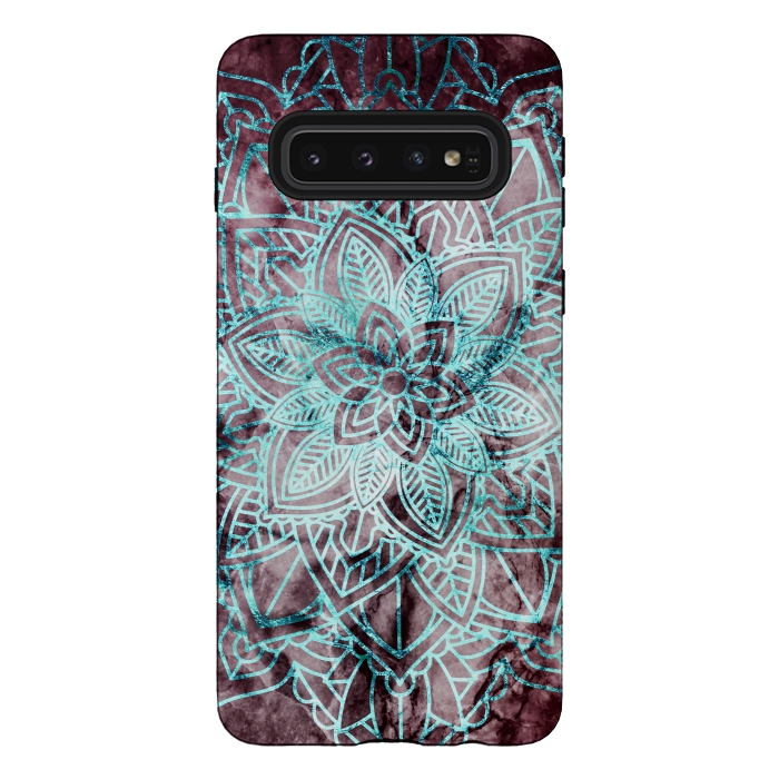 Galaxy S10 StrongFit Blue metallic floral mandala on dark cherry red marble by Oana 