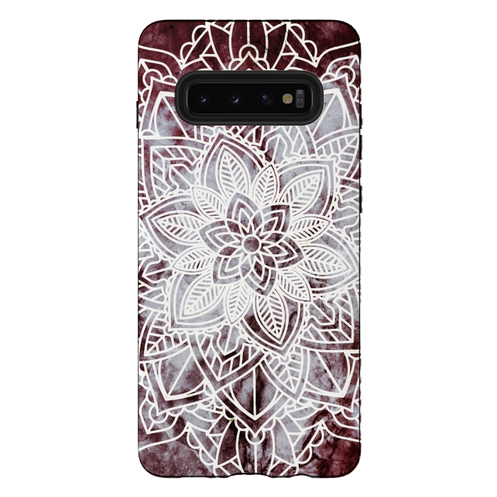 Galaxy S10 plus StrongFit white line art floral mandala on burgundy marble by Oana 