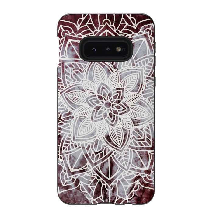 Galaxy S10e StrongFit white line art floral mandala on burgundy marble by Oana 