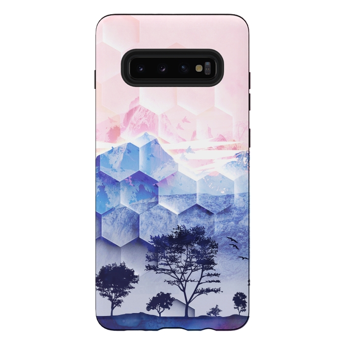 Galaxy S10 plus StrongFit Pink blue geometric mountain utopic landscape and trees by Oana 