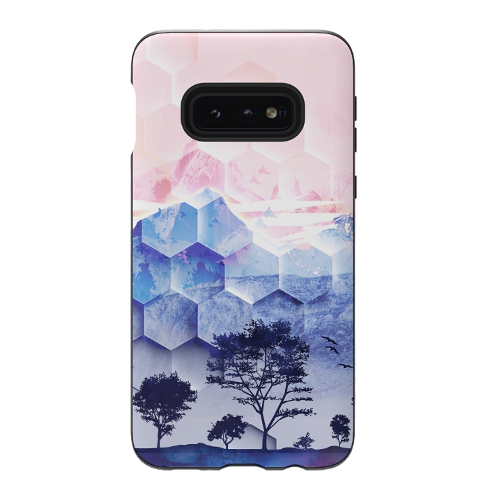 Galaxy S10e StrongFit Pink blue geometric mountain utopic landscape and trees by Oana 