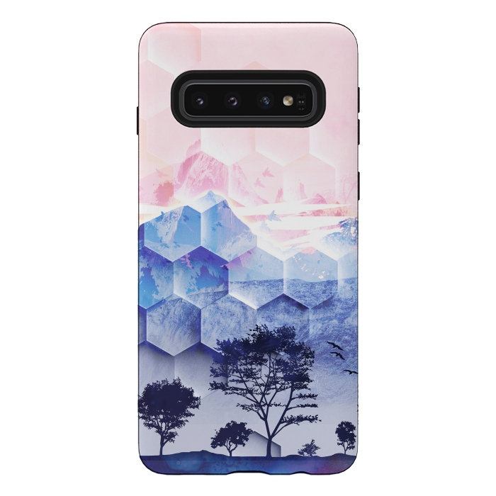 Galaxy S10 StrongFit Pink blue geometric mountain utopic landscape and trees by Oana 
