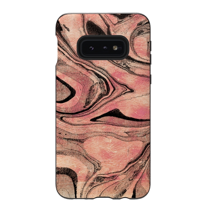 Galaxy S10e StrongFit rose gold liquid marble with black lines by Oana 