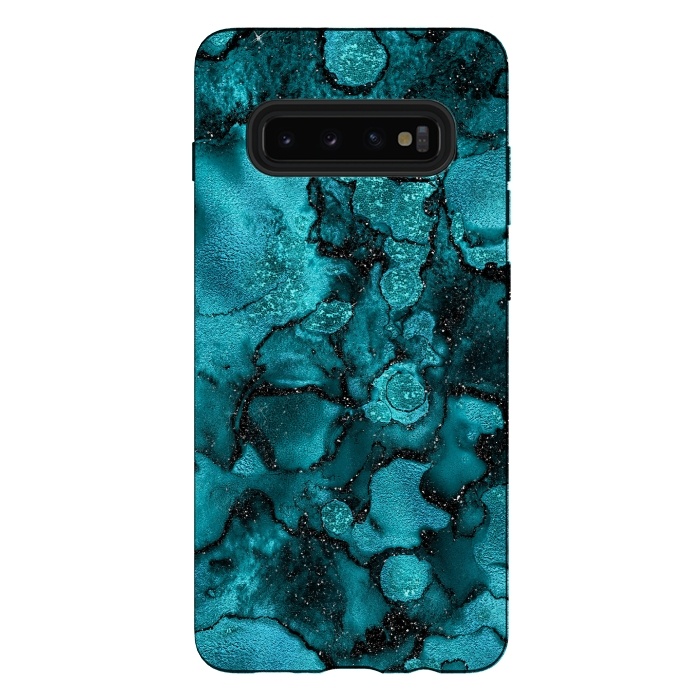 Galaxy S10 plus StrongFit Indigo and Ocean Green Marble with Black Glitter veins by  Utart
