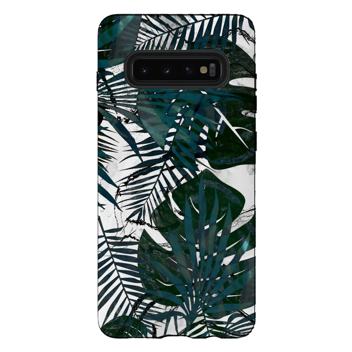 Galaxy S10 plus StrongFit Dark green jungle leaves on white marble by Oana 
