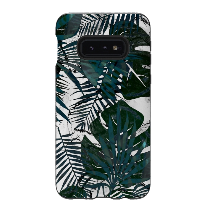 Galaxy S10e StrongFit Dark green jungle leaves on white marble by Oana 