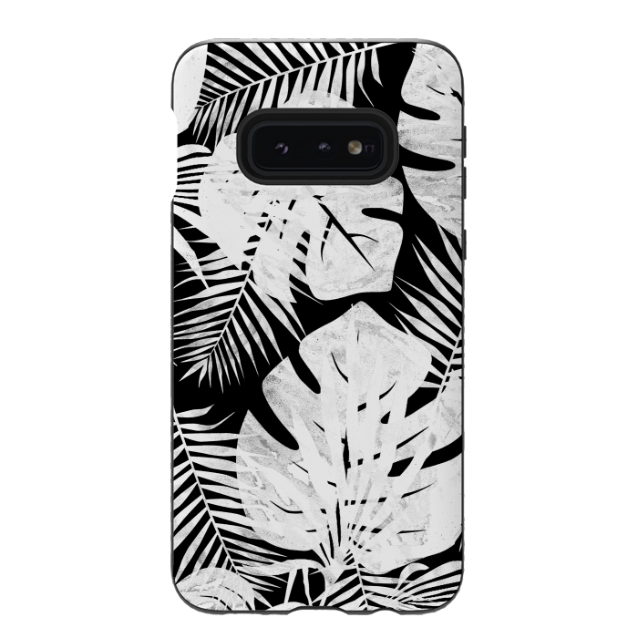 Galaxy S10e StrongFit White textured jungle leaves on black backround by Oana 