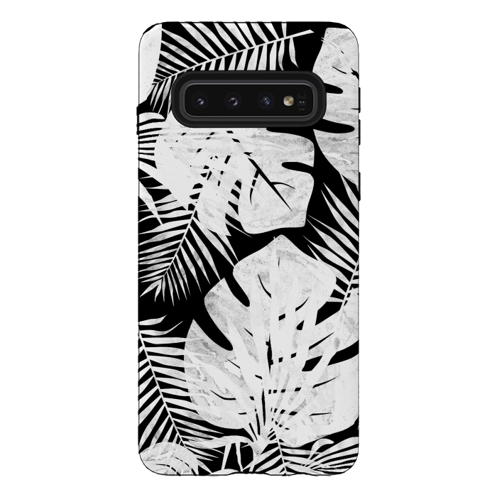 Galaxy S10 StrongFit White textured jungle leaves on black backround by Oana 
