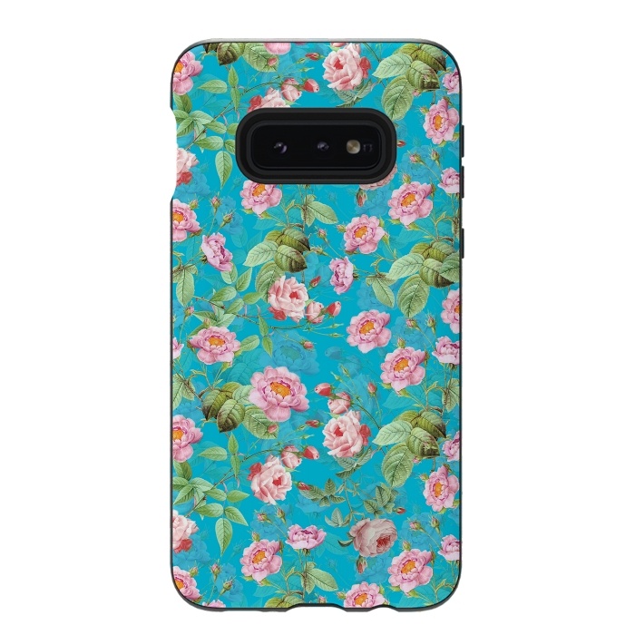 Galaxy S10e StrongFit Blush Rose Garden on Teal - vintage flower drawing by  Utart