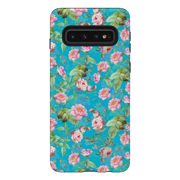 Galaxy S10 StrongFit Blush Rose Garden on Teal - vintage flower drawing by  Utart