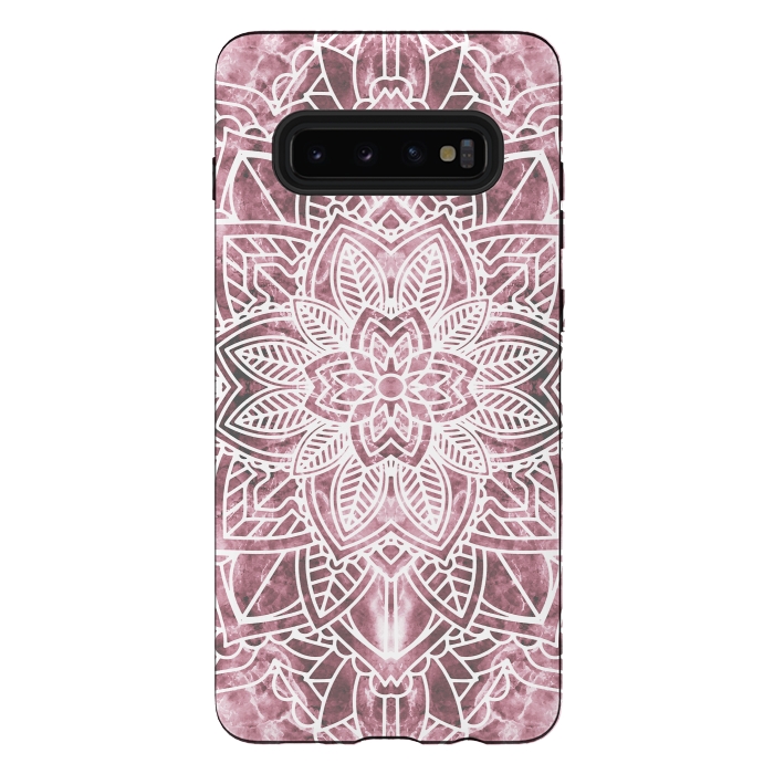 Galaxy S10 plus StrongFit White floral mandala petals on pink marble by Oana 