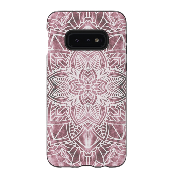 Galaxy S10e StrongFit White floral mandala petals on pink marble by Oana 