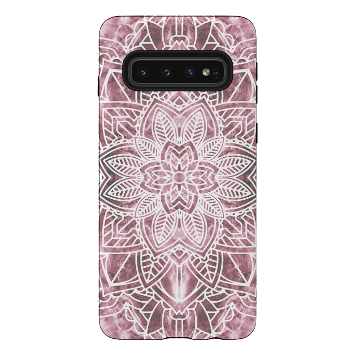 Galaxy S10 StrongFit White floral mandala petals on pink marble by Oana 