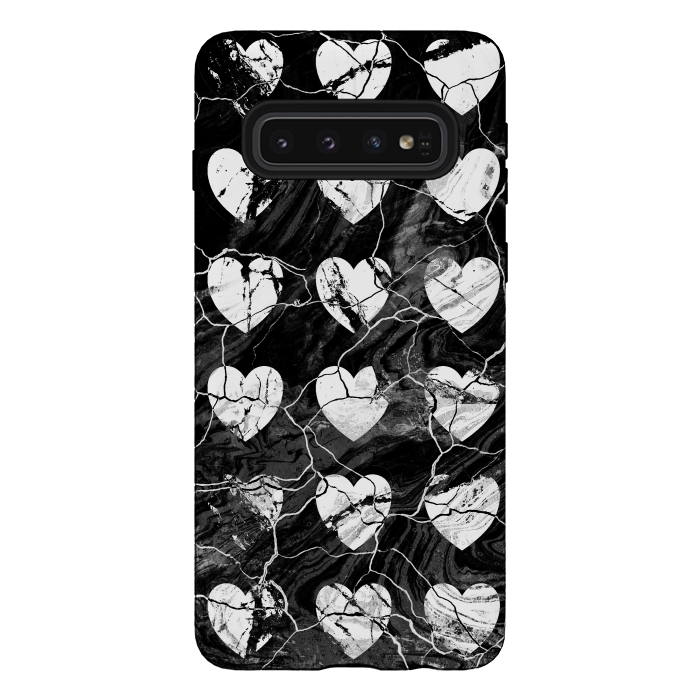 Galaxy S10 StrongFit Black and white marble hearts pattern by Oana 