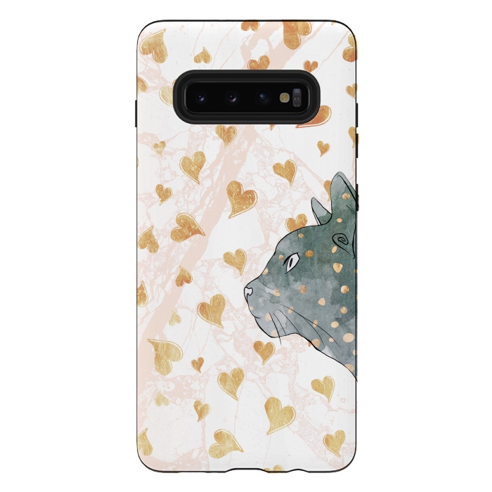 Galaxy S10 plus StrongFit cute cat and golden hearts romantic pattern by Oana 