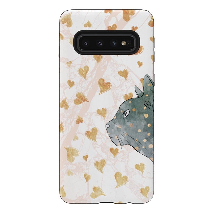 Galaxy S10 StrongFit cute cat and golden hearts romantic pattern by Oana 