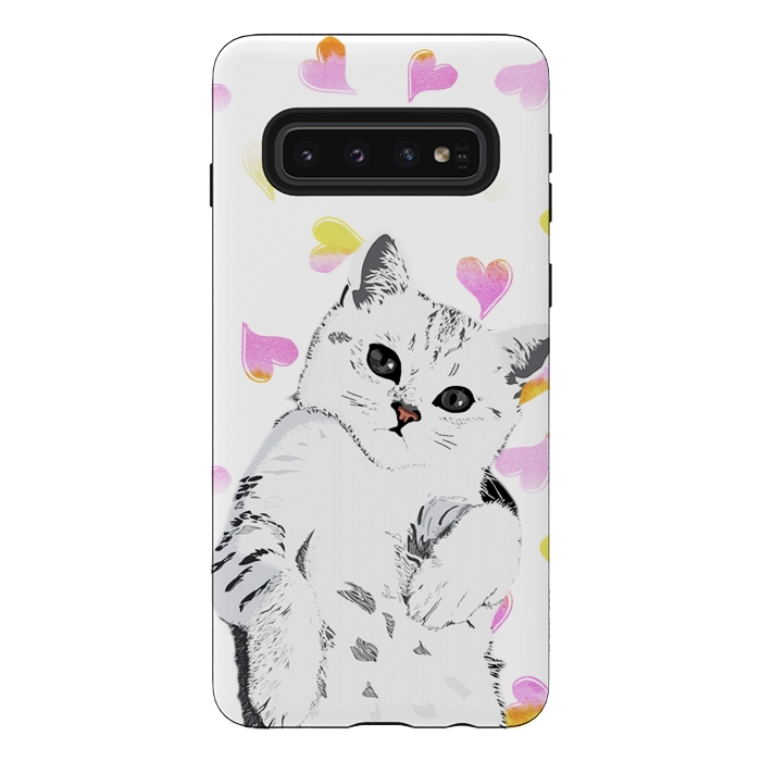 Galaxy S10 StrongFit Cute white kitten and watercolor hearts by Oana 