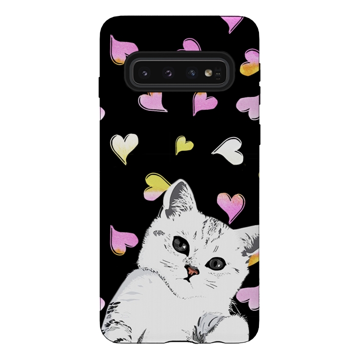 Galaxy S10 StrongFit Playful white kitten and watercolor hearts by Oana 