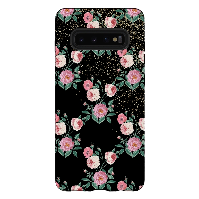 Galaxy S10 plus StrongFit Romantic peony floral and golden confetti design by InovArts