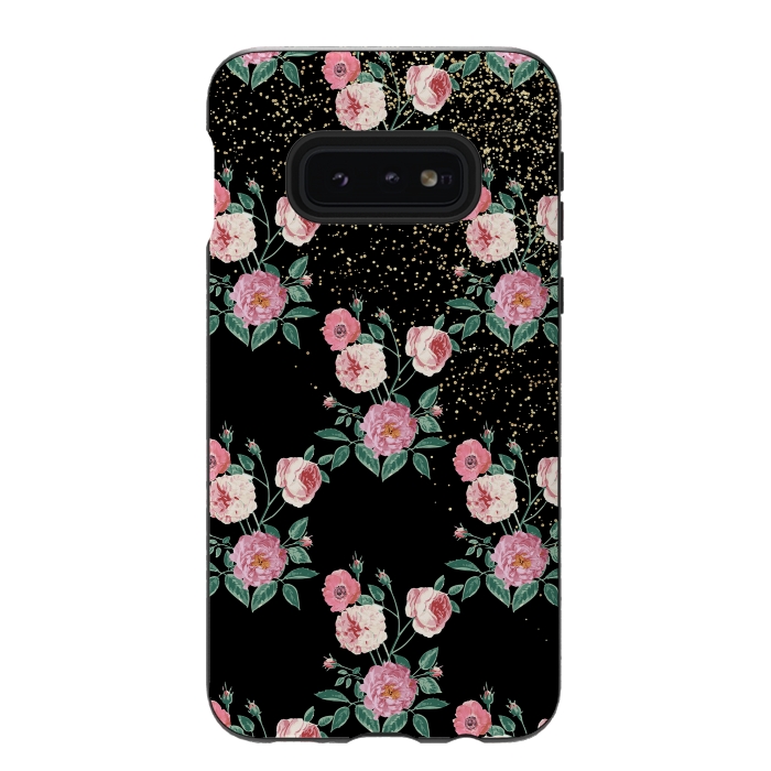 Galaxy S10e StrongFit Romantic peony floral and golden confetti design by InovArts