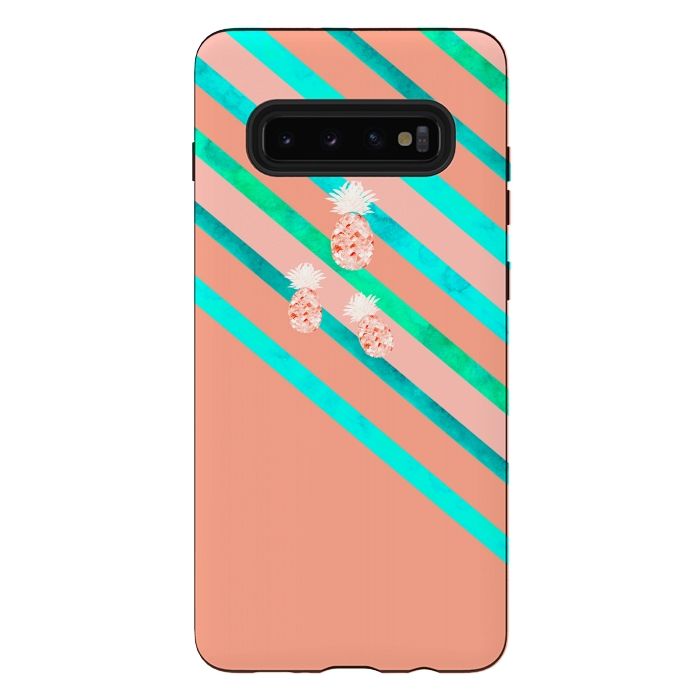 Galaxy S10 plus StrongFit Peach and Blue Pineapple Stripes by Amaya Brydon