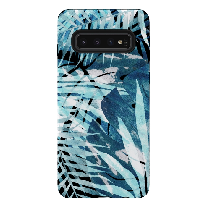 Galaxy S10 StrongFit Turquosie watercolor painted tropical leaves by Oana 