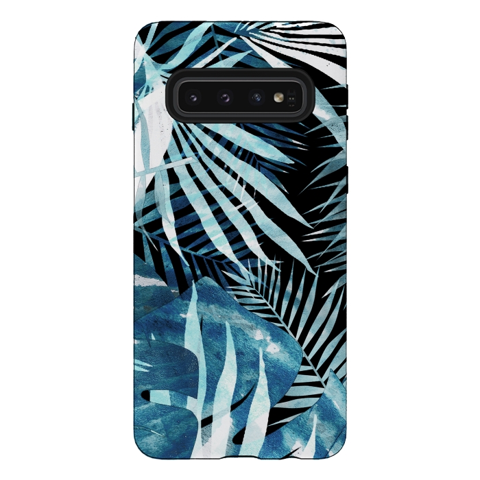 Galaxy S10 StrongFit Turquoise black palm and ficus tropical leaves by Oana 