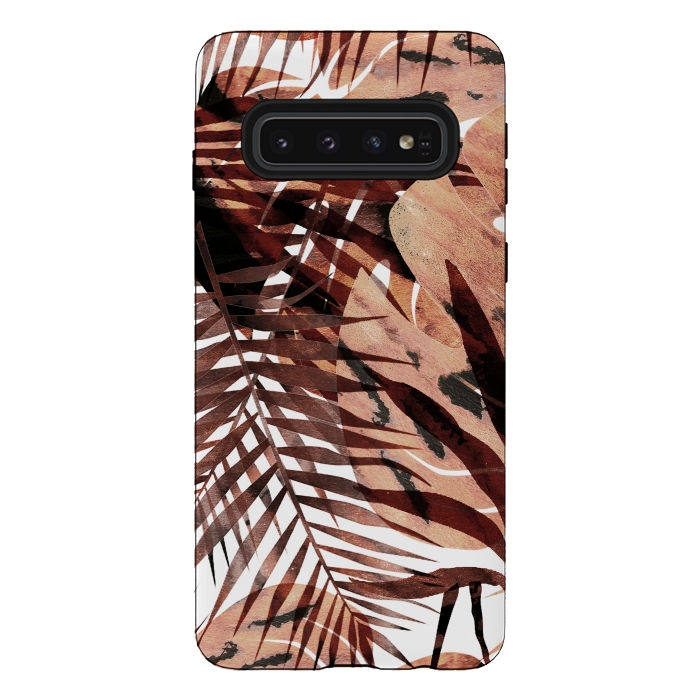 Galaxy S10 StrongFit golden brown tropical palm and ficus leaves by Oana 