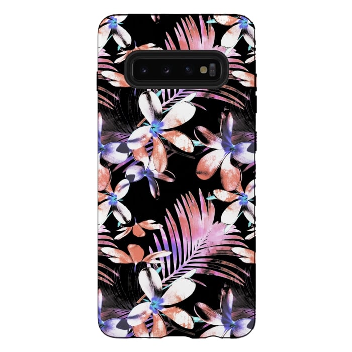Galaxy S10 plus StrongFit Pink purple hibiscus flowers and tropical leaves pattern by Oana 