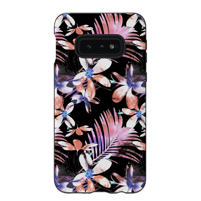 Galaxy S10e StrongFit Pink purple hibiscus flowers and tropical leaves pattern by Oana 