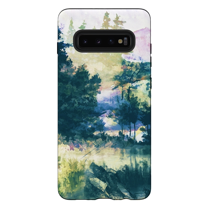 Galaxy S10 plus StrongFit Watercolor painted forest landscape by Oana 