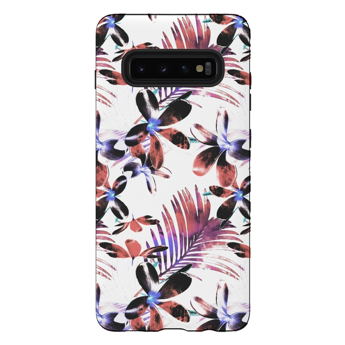 Galaxy S10 plus StrongFit Pink purple tropical hibiscus and palm leaves by Oana 