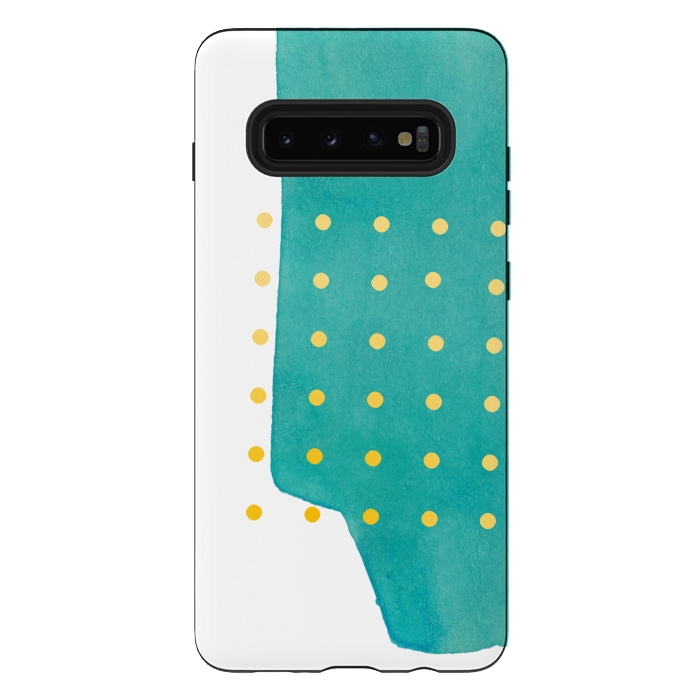 Galaxy S10 plus StrongFit Abstract Teal Watercolor Brushstroke with Yellow Polka Dots by amini54