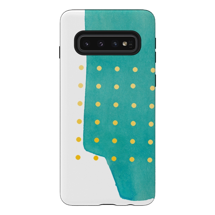 Galaxy S10 StrongFit Abstract Teal Watercolor Brushstroke with Yellow Polka Dots by amini54