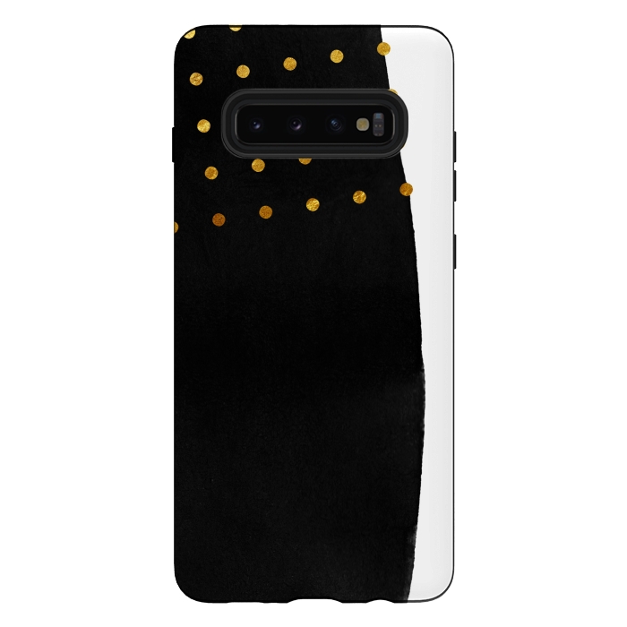 Galaxy S10 plus StrongFit Black Abstract Watercolor Brushstroke with Gold Polka Dots by amini54