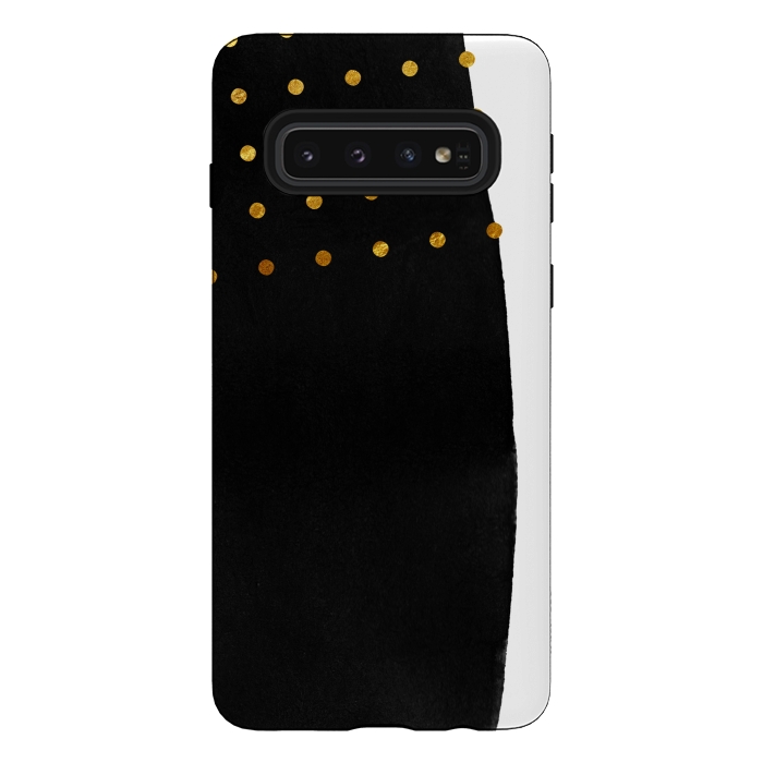 Galaxy S10 StrongFit Black Abstract Watercolor Brushstroke with Gold Polka Dots by amini54